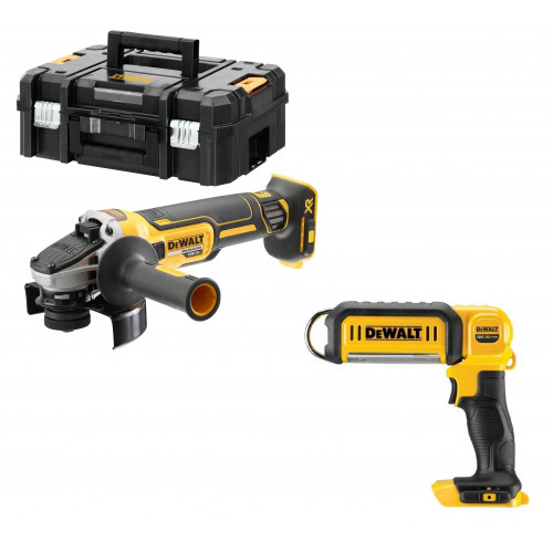 DCG405NT DeWALT 18V kampinis šlifuoklis + DCL050 LED prožektorius