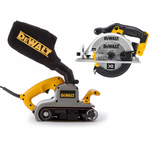 DCS391N DeWALT 18 V diskinis pjūklas + DWP352VS 1010W 76x533mm juostinis šlifuoklis