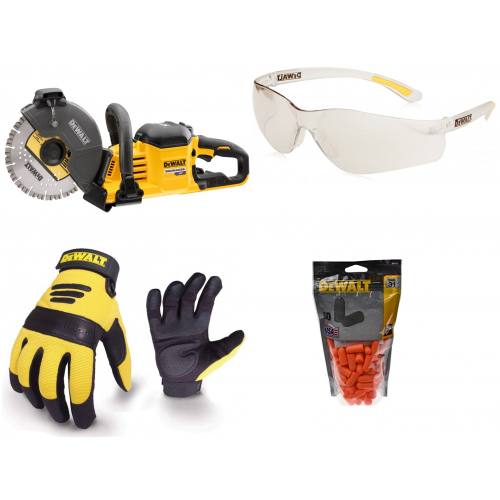 DCS690N DeWALT 54V FLEXVOLT betono pjūklas + apsauginiai akiniai, pirštinės, vienkartiniai ausų kištukai