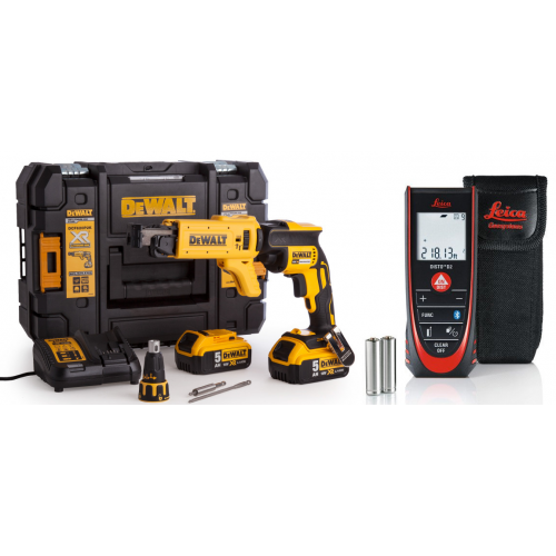 DCF620P2K DeWALT 18 V 5.0 Ah akumuliatorinis gipskartonio grežtuvas + Leica Disto D2 Bluetooth lazerinis atstumų matuoklis