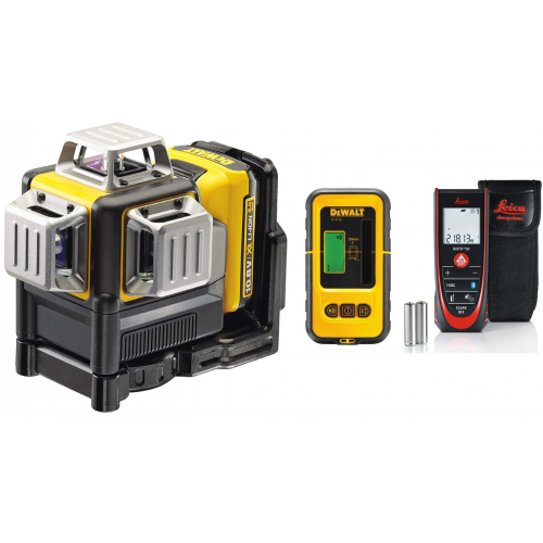 DCE089D1R DeWALT kryžminių linijų lazeris + DE0892 linijinio lazerio detektorius + Leica Disto D2 lazerinis atstumų matuoklis