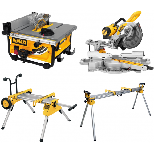 DWE7485 DeWALT išilginio pjovimo staklės + DE7400 stovas + DWS727 skersinio pjovimo staklės + DE7023 stalas