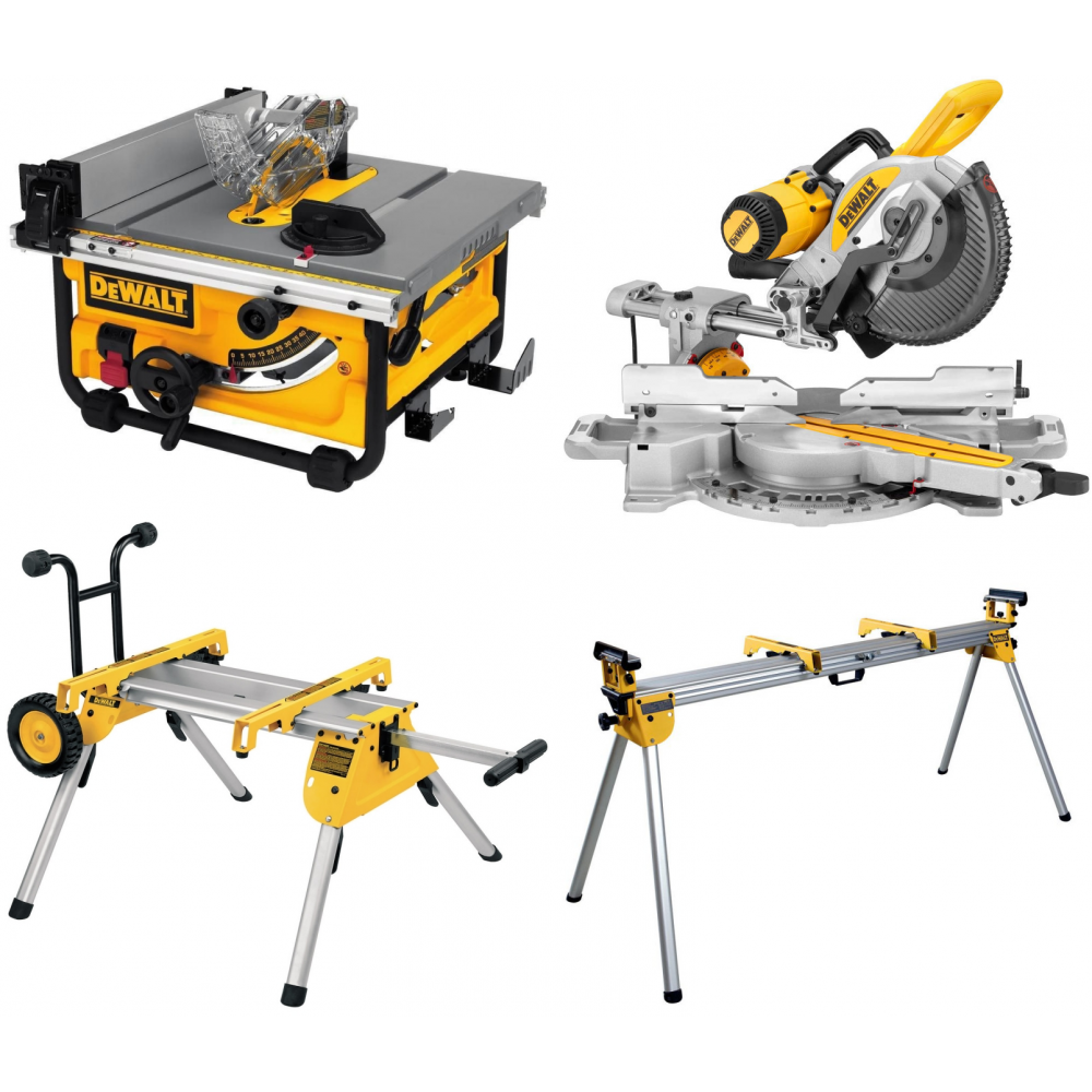 DWE7485 DeWALT išilginio pjovimo staklės + DE7400 stovas + DWS727 skersinio pjovimo staklės + stalas