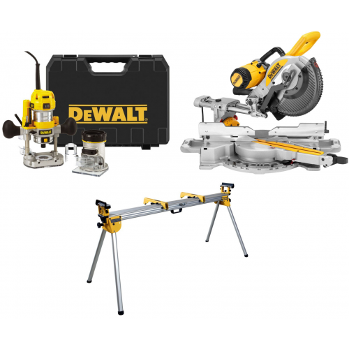 D26204K DeWALT freza 900W 8 mm + DWS727 skersinio pjovimo staklės (250mm) + DE7023 pjūklo stalas