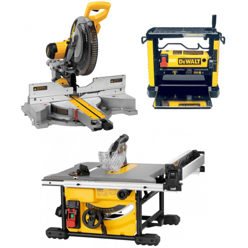 DWS780XPS DeWALT 305 mm slankus skersinis pjūklas + DWE7485 išilginio pjovimo staklės + DW733 reismusinės obliavimo staklės