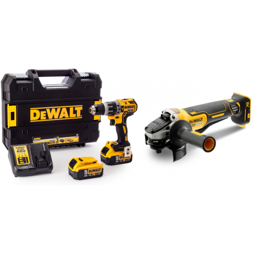 DCD796P2 DeWALT 18 V 5.0 Ah XR Li-Ion akumuliatorinis suktuvas – smūginis gręžtuvas + DCG406N 18V kampinis šlifuoklis