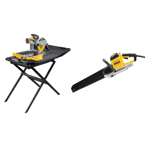 D24000S DeWALT 250 mm plytelių pjovimo staklės su stovu + DWE399 430 mm tuščiavidurių plytų pjūklas