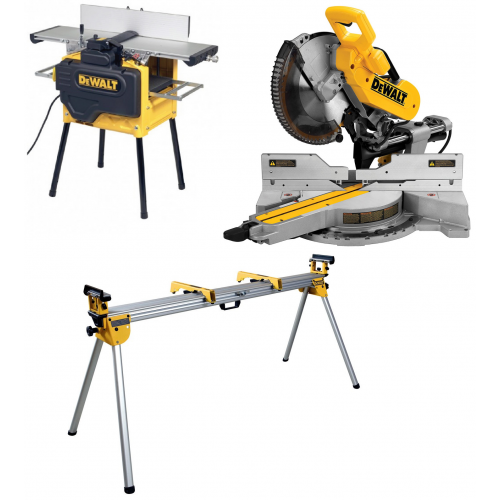 D27300 DeWALT obliavimo ir reismuso staklės + DWS780XPS DeWALT 305 mm skersinio pjovimo staklės + DE7023 stovas