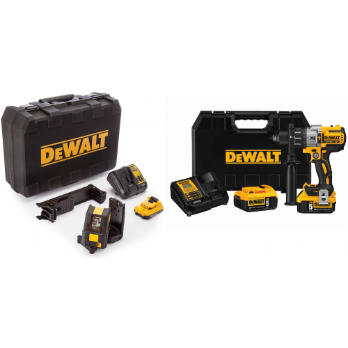 DCD996P2 DeWALT akumuliatorinis suktuvas-gręžtuvas + DCE088D1R DeWALT kryžminių linijų lazerinis nivelyras