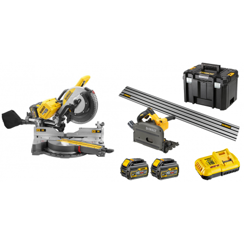 DHS780N DeWALT FLEXVOLT 54V XPS skersinio pjovimo staklės + DCS520T2R 54V įleidžiamas diskinis pjūklas su liniuote