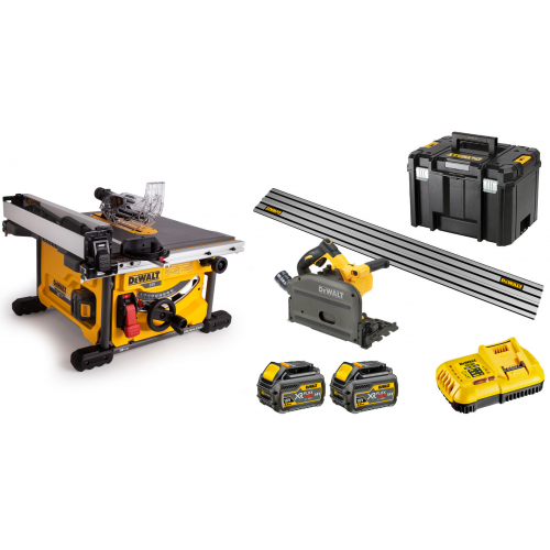 DeWALT DCS7485N FLEXVOLT 54V išilginio pjovimo staklės + DCS520T2R 54V įleidžiamas diskinis pjūklas su liniuote