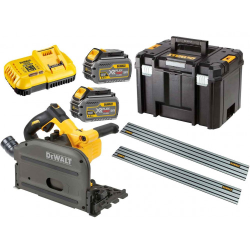 DCS520T2R DeWALT FLEXVOLT 54V įleidžiamas diskinis pjūklas + 2 vnt. 1,5 metro kreipiančiosios liniuotės (2x6.0 Ah)