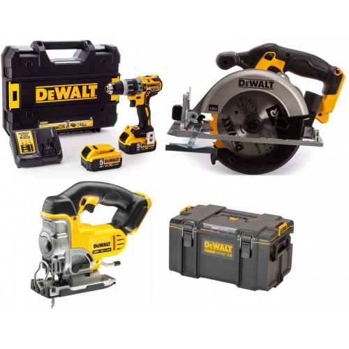 DCD796P2 DeWALT 18V suktuvas – smūginis gręžtuvas + DCS331N 18V siaurapjūklis + DCS391N 18V diskinis pjūklas + dėžė