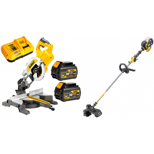 DCS777T2 DeWALT FLEXVOLT 54V skersinio pjovimo staklės (216 mm) + DCM571N 54V trimeris