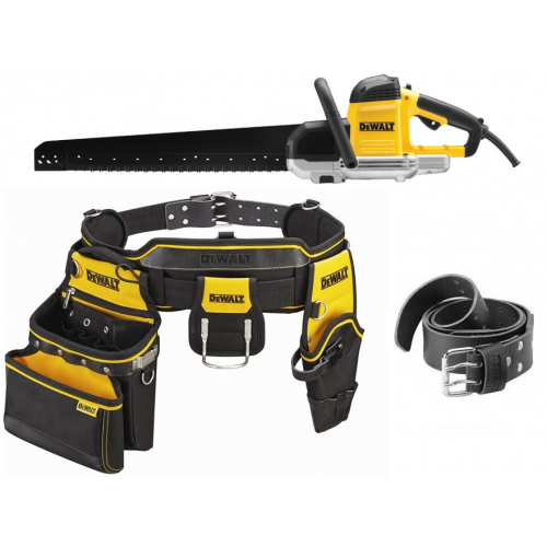 DWE397 DeWALT tuščiavidurių plytų pjūklas 430 mm + DWST1-75661 DEWALT odinis diržas + DWST1-75552 DEWALT prijuostė