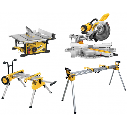 DWE7492 DeWALT išilginio pjovimo staklės + DE7400 stovas + DWS727 skersinio pjovimo staklės + DE7023 stalas