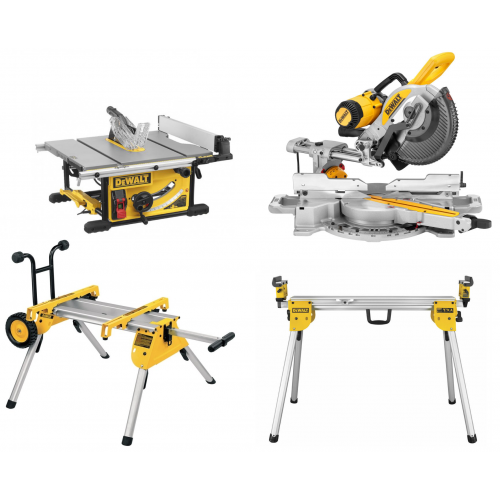 DWE7492 DeWALT išilginio pjovimo staklės + DE7400 stovas + DWS727 skersinio pjovimo staklės + DE7033 stalas