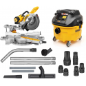 DWS727 DeWALT skersinio pjovimo staklės (250mm) + DWV901L siurblys sausam/šlapiam siurbimui + priedai