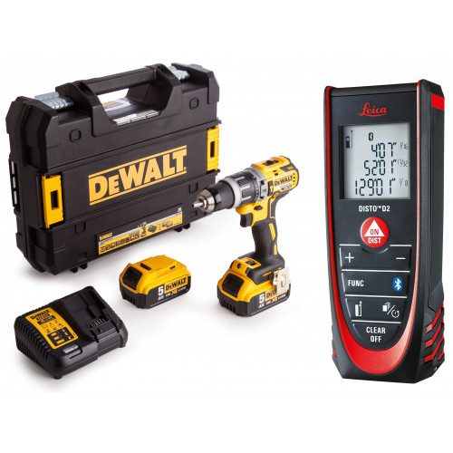 DCD796P2 DeWALT 18V smūginis suktuvas – gręžtuvas + Leica Disto D2 Bluetooth® lazerinis atstumų matuoklis