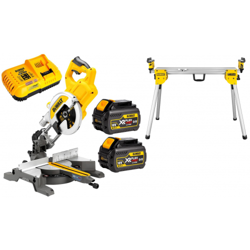 DCS777T2 DeWALT FLEXVOLT 54V skersinio pjovimo staklės + DE7033 kompaktiškas stalas (2x6.0 Ah)