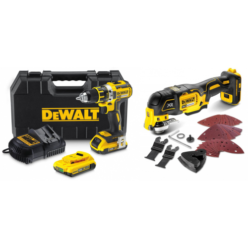 DCD790D2 suktuvas gręžtuvas + DCS355D2 daugiafunkcinis įrankis + DeWALT priedai