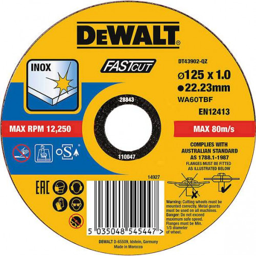 DT43902 DeWALT metalo pjovimo diskai 125 x 1.0, 22.3 mm (10 vnt.)