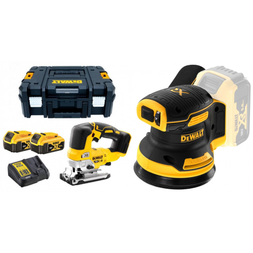 DCS334P2 DeWALT 18V siaurapjūklis + DCW210N 18V 125 mm ekscentrinis šlifuoklis