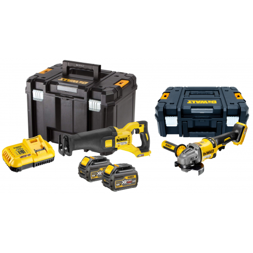 DCG414N DeWALT FLEXVOLT 54V kampinis šlifuoklis + DCS388N FLEXVOLT 54V tiesinis pjūklas