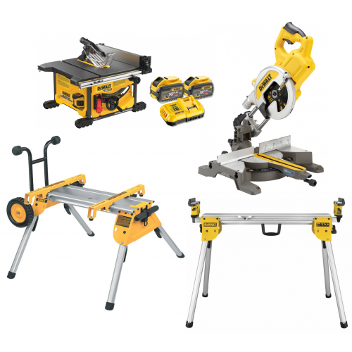 DCS7485X2 DeWALT FLEXVOLT 54V 9.0 Ah išilginio pjovimo staklės + DCS777N FLEXVOLT 54V skersinio pjovimo staklės + stalai