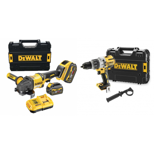 DCG418T2 DeWALT FLEXVOLT 54V kampinis šlifuoklis + DCD996NT 18V suktuvas – smūginis gręžtuvas