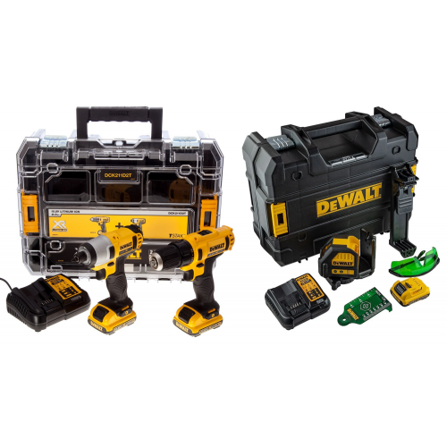 DCK211D2T DeWALT 12V suktuvų rinkinys + DCE088D1G kryžminių linijų lazerinis nivelyras