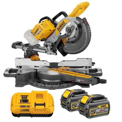 DeWALT DCS727Y2 FLEXVOLT akumuliatorinis skersavimo pjūklas + DE7023 elektrinio pjūklo stalas