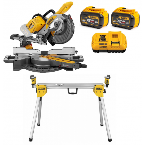 DeWALT DCS727Y2 FLEXVOLT akumuliatorinis skersavimo pjūklas + DE7023 elektrinio pjūklo stalas