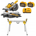 DeWALT DCS727Y2 FLEXVOLT akumuliatorinis skersavimo pjūklas + DE7023 elektrinio pjūklo stalas