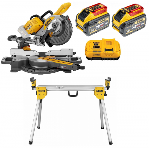 DeWALT DCS727Y2 FLEXVOLT akumuliatorinis skersavimo pjūklas + DE7023 elektrinio pjūklo stalas