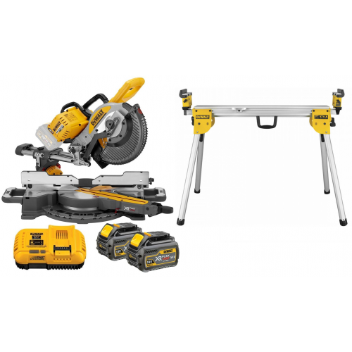 DeWALT DCS727Y2 FLEXVOLT akumuliatorinis skersavimo pjūklas + DE7023 elektrinio pjūklo stalas