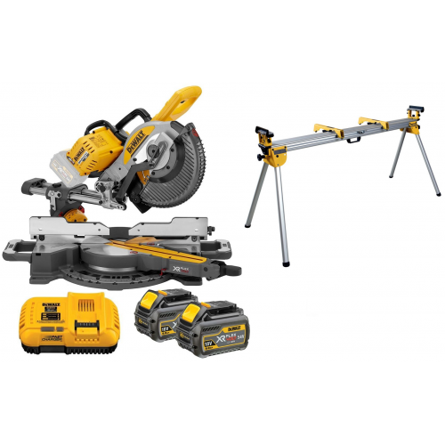 DeWALT DCS727Y2 FLEXVOLT akumuliatorinis skersavimo pjūklas + DE7023 elektrinio pjūklo stalas