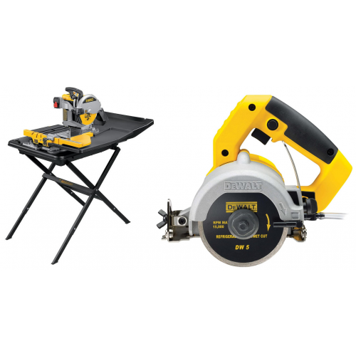 D24000S DeWALT 250 mm plytelių pjovimo staklės su stovu + DWC410 rankinis plytelių pjūklas 110 mm