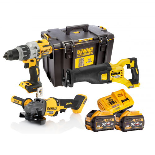 DCK354X2 DeWALT FLEXVOLT 54V suktuvo-gręžtuvo, kampinio šlifuoklio ir tiesinio pjūklo rinkinys (2x9.0 Ah)