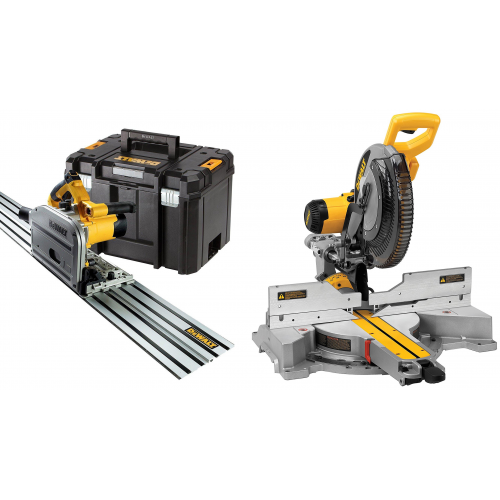 DWS780XPS DeWALT 305 mm slankus skersinis pjūklas + DWS520KTR 55 mm diskinis pjūklas su 1,5 m liniuote