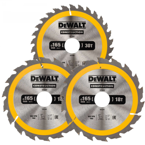 DT1965 DeWALT 165 mm pjovimo diskai medienai, 2x18T 1x 30T
