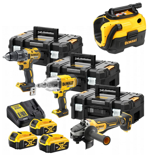 DCKM009 + DCV584L DeWALT įrankių rinkinys (DCD791 + DCF899H + DCG406) + DCV584L (3x5.0 Ah)