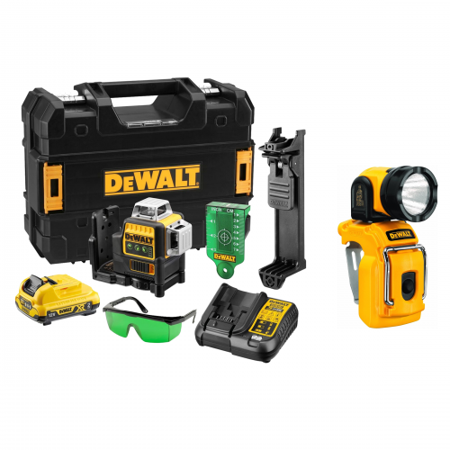 DCE089D1G DeWALT kryžminių linijų lazeris + DCL510N DeWALT 10.8V/12V LED kompaktiškas šviestuvas (2x2.0 Ah)