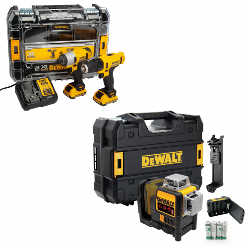 DCK211D2T + DCE089RNT DeWALT 12V įrankių rinkinys DCD710 + DCF815 + DCE089RNT DeWALT kryžminių linijų lazeris (2x2.0 Ah)