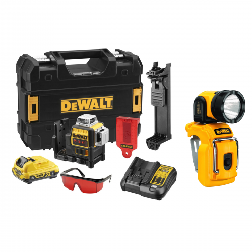 DCE089D1R + DCL510 DeWALT kryžminių linijų lazeris + DCL510N DeWALT 10.8V/12V LED kompaktiškas šviestuvas (2x2.0 Ah)