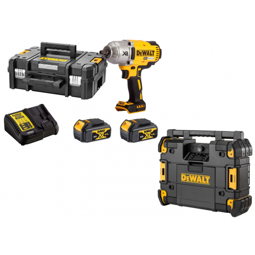 DCF899M2 + DWST1-81079 DeWALT 18V smūginis veržliasukis + DWST1-81079 DeWALT TSTAK radijo imtuvas (2x4.0 Ah)