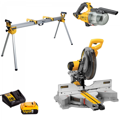 DWS780XPS + DE7023 + DCV501LN DeWALT 305 mm slankus skersinis pjūklas + staklių stovas + rankinis siurblys (1x5.0 Ah)