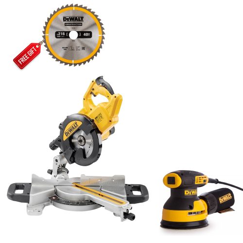 DWS773 DeWALT 216 mm skersinio pjovimo staklės 1300W + DWE6423 ekscentrinis šlifuoklis 280W + DOVANA!