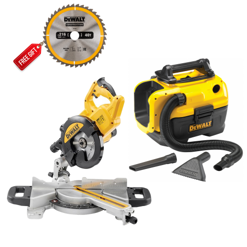 DWS773 DeWALT 216 mm skersinio pjovimo staklės 1300W + DCV584L sauso/šlapio valymo dulkių siurblys + DOVANA!