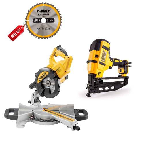 DWS773 DeWALT 216 mm skersinio pjovimo staklės 1300W + DCN660N 18V 16 Ga viniakalė + DOVANA!